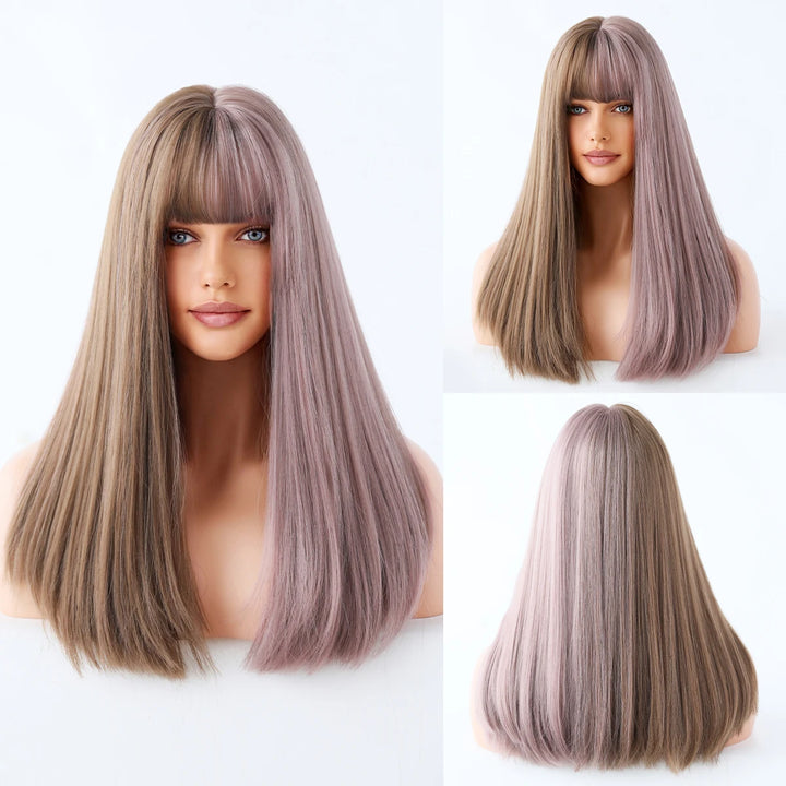 Turquoise Ombre Synthetic Wig with Bangs - Heat Resistant, Bluish Green with Black Roots for a Natural Look.