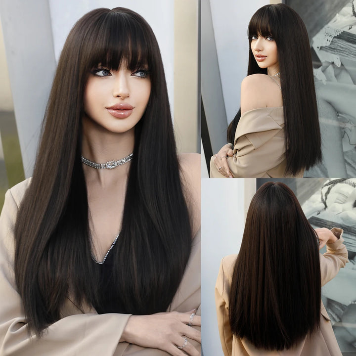 Turquoise Ombre Synthetic Wig with Bangs - Heat Resistant, Bluish Green with Black Roots for a Natural Look.