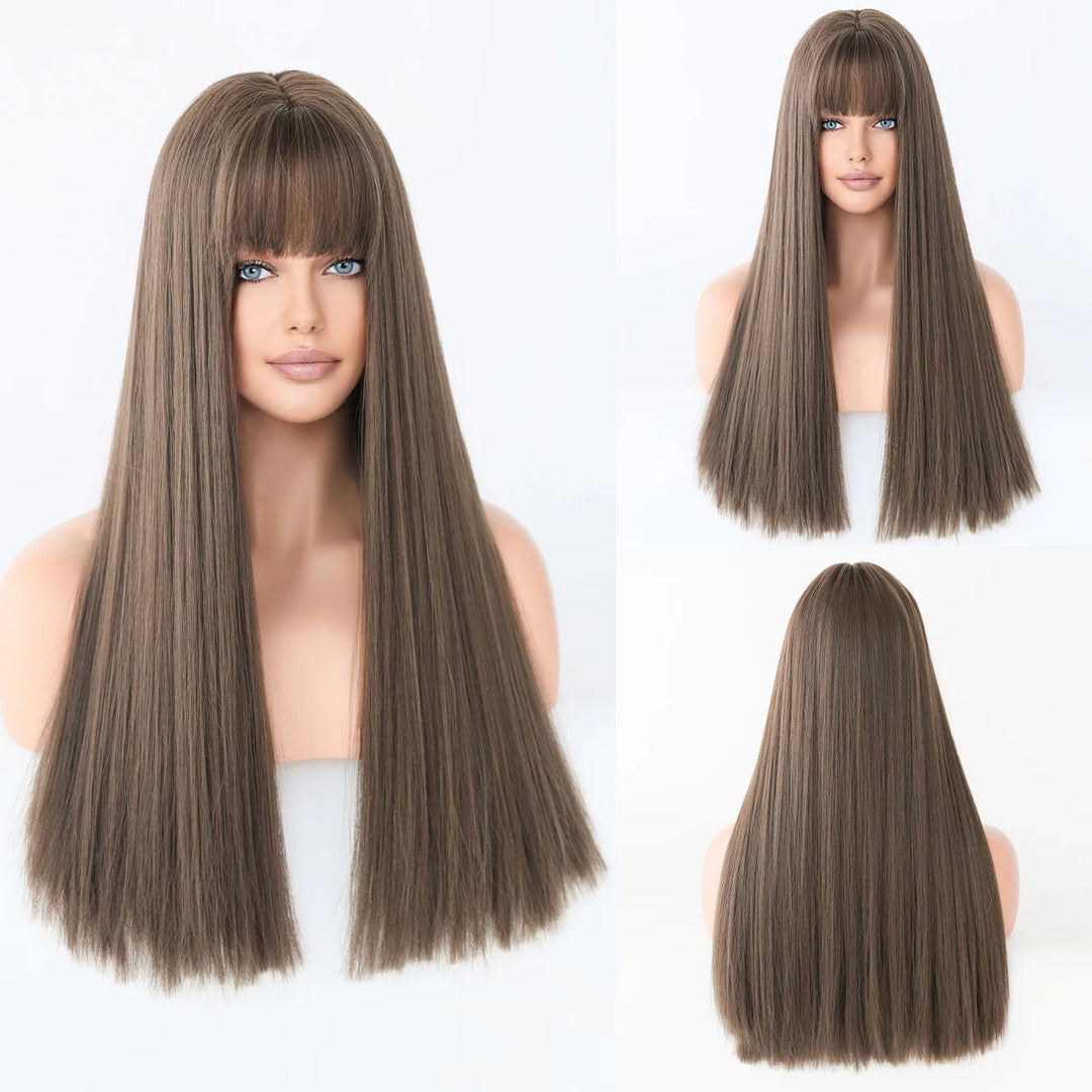 Turquoise Ombre Synthetic Wig with Bangs - Heat Resistant, Bluish Green with Black Roots for a Natural Look.