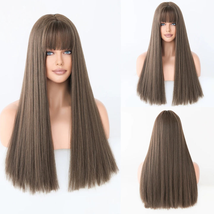 Turquoise Ombre Synthetic Wig with Bangs - Heat Resistant, Bluish Green with Black Roots for a Natural Look.