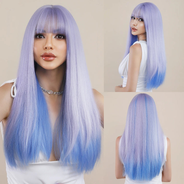 Turquoise Ombre Synthetic Wig with Bangs - Heat Resistant, Bluish Green with Black Roots for a Natural Look.
