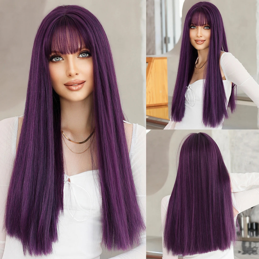Turquoise Ombre Synthetic Wig with Bangs - Heat Resistant, Bluish Green with Black Roots for a Natural Look.