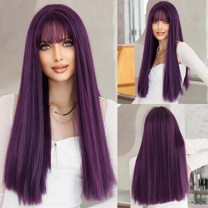 Turquoise Ombre Synthetic Wig with Bangs - Heat Resistant, Bluish Green with Black Roots for a Natural Look.
