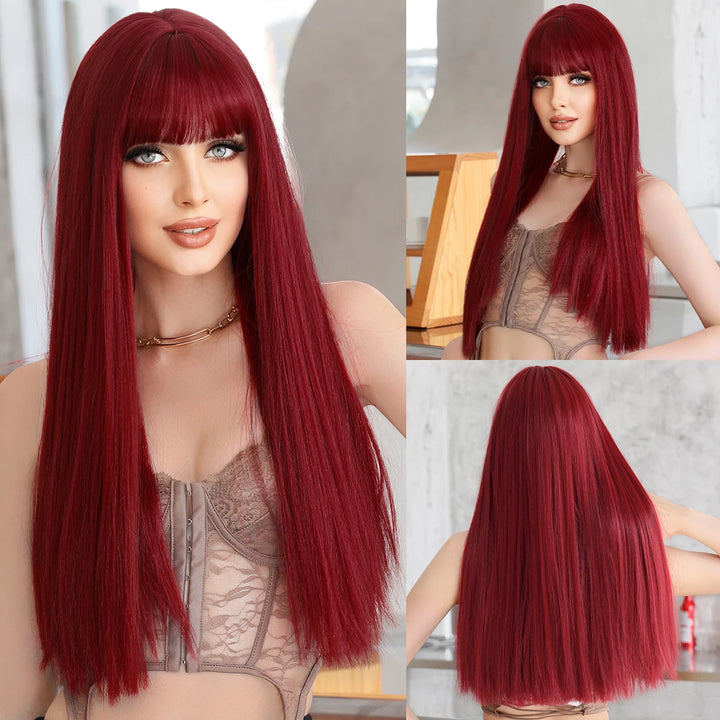Turquoise Ombre Synthetic Wig with Bangs - Heat Resistant, Bluish Green with Black Roots for a Natural Look.