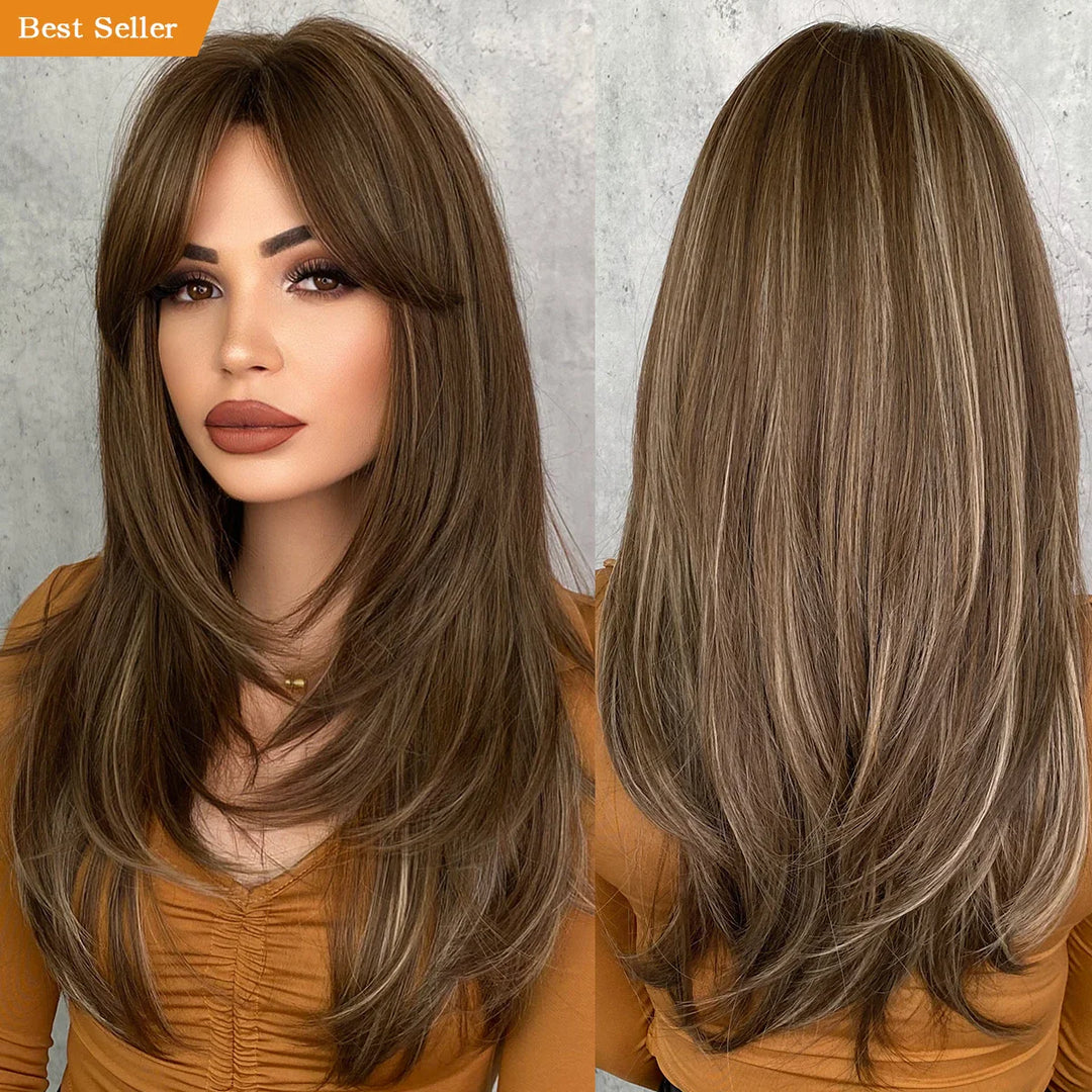 Blonde ombre layered wig with curtain bangs for women. High density heat resistant synthetic hair in dark brown.