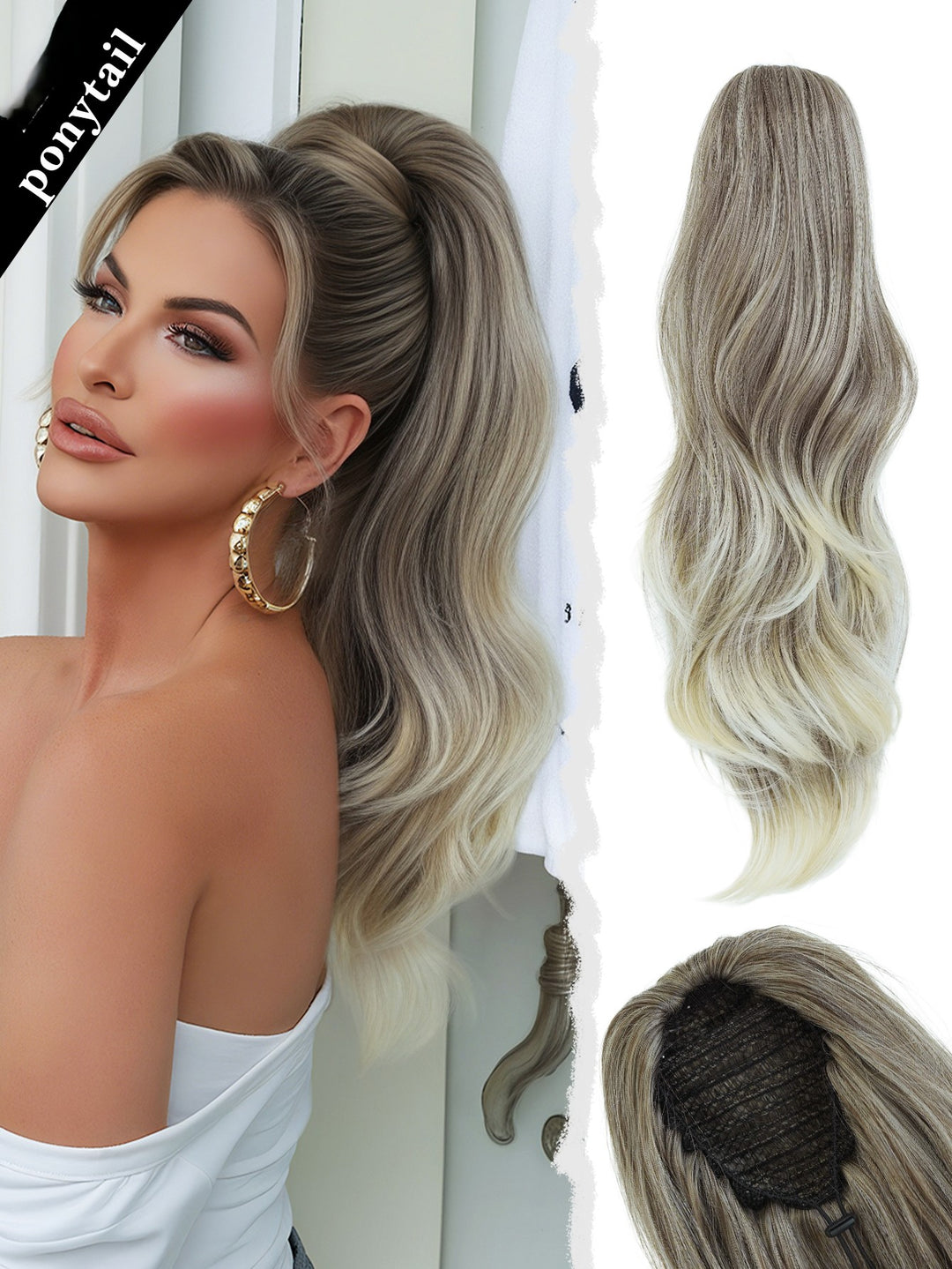 Madeline Brown 28-Inch Curly Synthetic Hair Wig with Steel Prongs Gold Adjustable Size Ponytail Black with Gold Adjustable Size