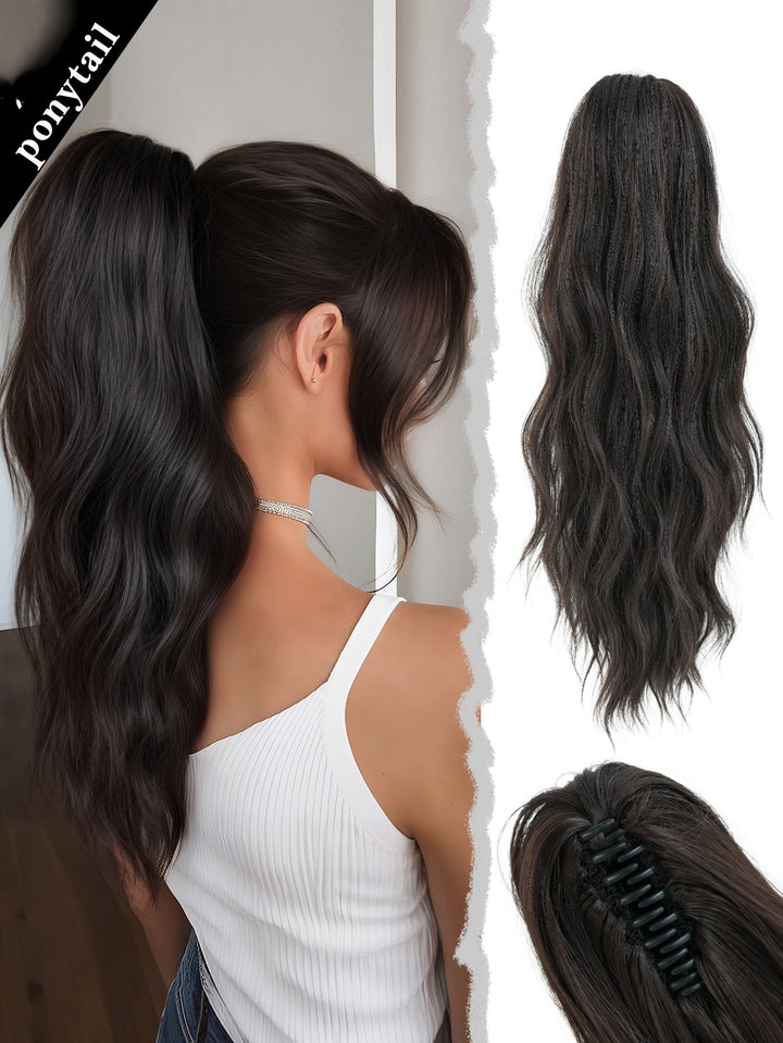 20 Inch Women's Wig with Cinnamon Gold Highlights Adjustable Size Black Curly Ponytail Synthetic Hair and Black Wig Clips