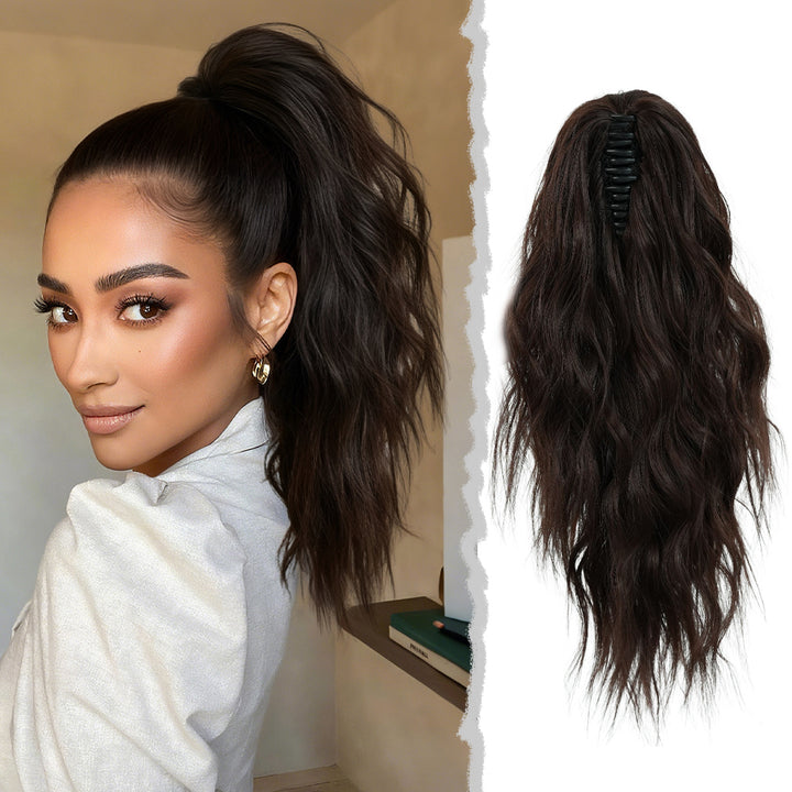 18 Inch Women's Lilac Highlight Natural Wave Drawstring Adjustable Size Black Synthetic Hair Beige Clip Portable Easy Ponytail