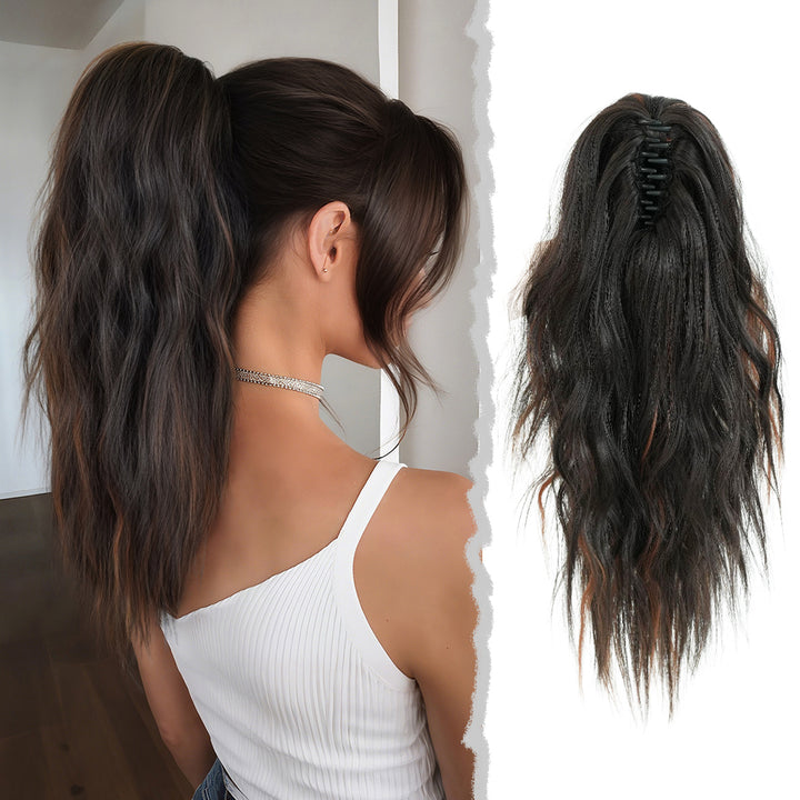 18 Inch Women's Lilac Highlight Natural Wave Drawstring Adjustable Size Black Synthetic Hair Beige Clip Portable Easy Ponytail