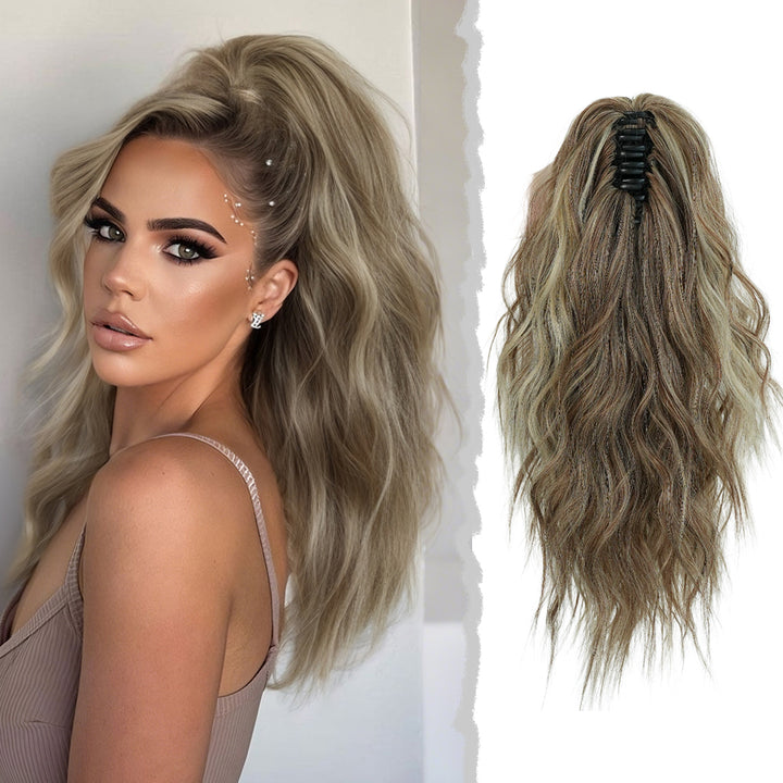 18 Inch Women's Lilac Highlight Natural Wave Drawstring Adjustable Size Black Synthetic Hair Beige Clip Portable Easy Ponytail