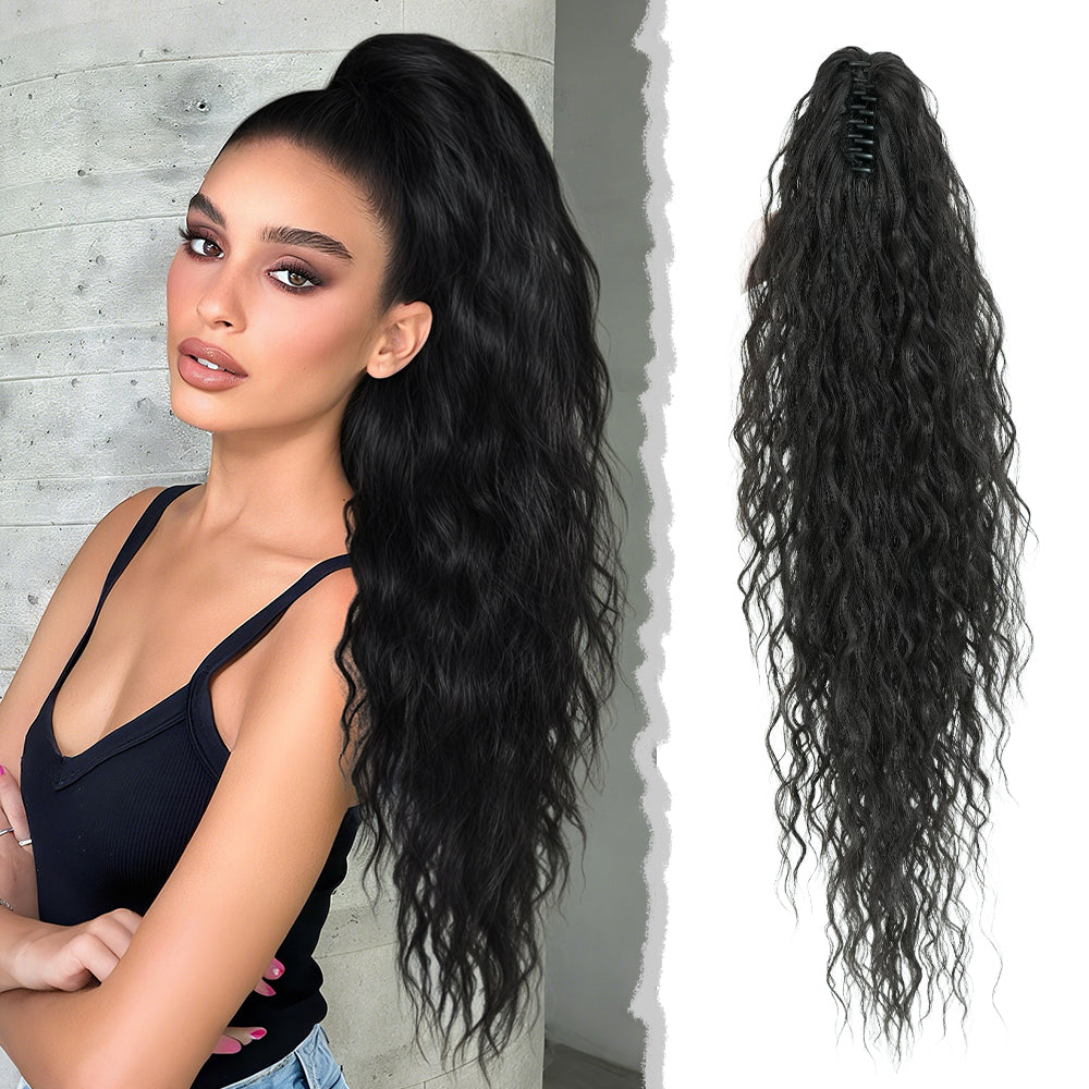 34 Inch Women's Black Synthetic Deep Wave & Water Wave Adjustable Size Ponytail Wig with Clip in