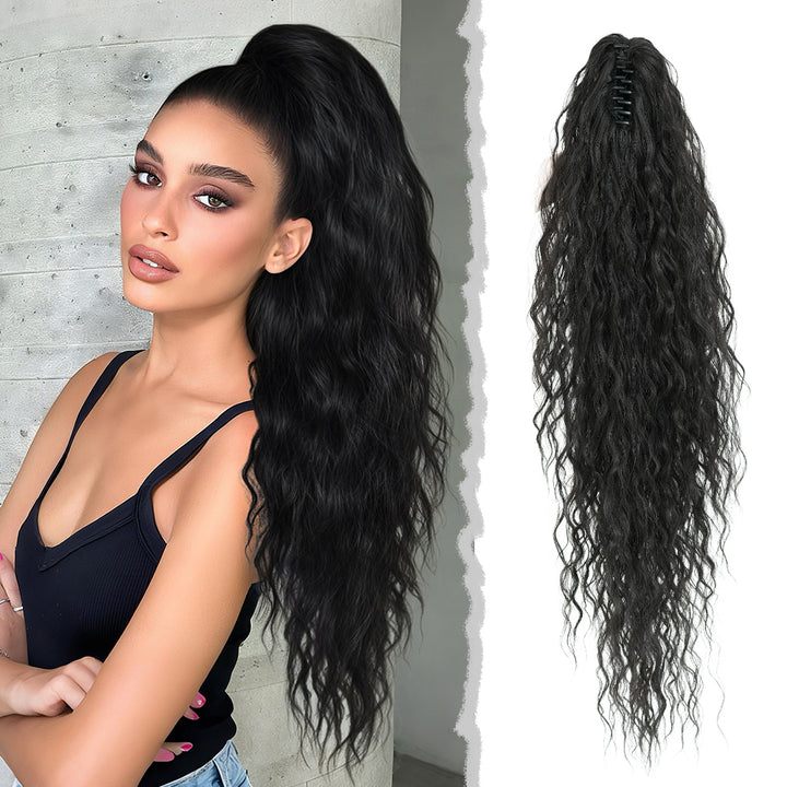 34 Inch Women's Black Synthetic Deep Wave & Water Wave Adjustable Size Ponytail Wig with Clip in