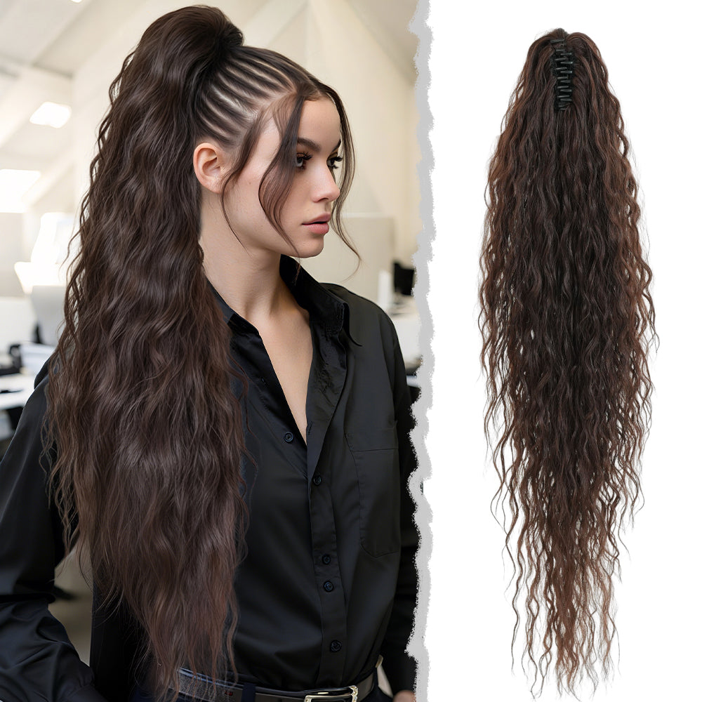 34 Inch Women's Black Synthetic Deep Wave & Water Wave Adjustable Size Ponytail Wig with Clip in