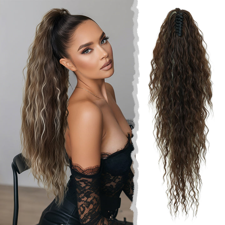 34 Inch Women's Black Synthetic Deep Wave & Water Wave Adjustable Size Ponytail Wig with Clip in