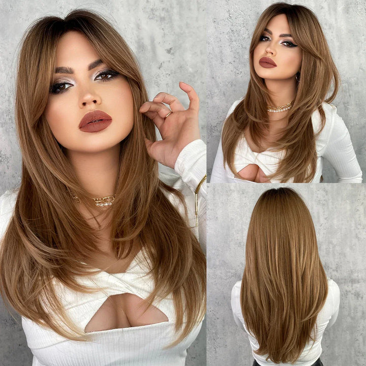 Green Highlight Layered Wig with Curtain Bangs, Synthetic Heat Resistant Hair Wig for Women.