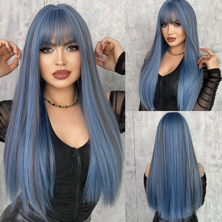 Turquoise Ombre Synthetic Wig with Bangs - Heat Resistant, Bluish Green with Black Roots for a Natural Look.