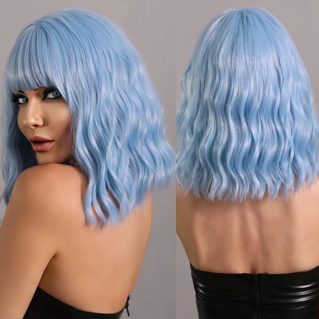 Short lavender purple curly bob wig with bangs for women, perfect for Halloween cosplay.
