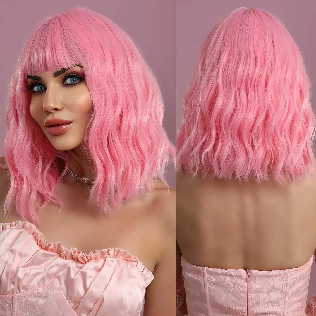 Burgundy short curly bob wig with bangs for women, perfect for Halloween cosplay parties.