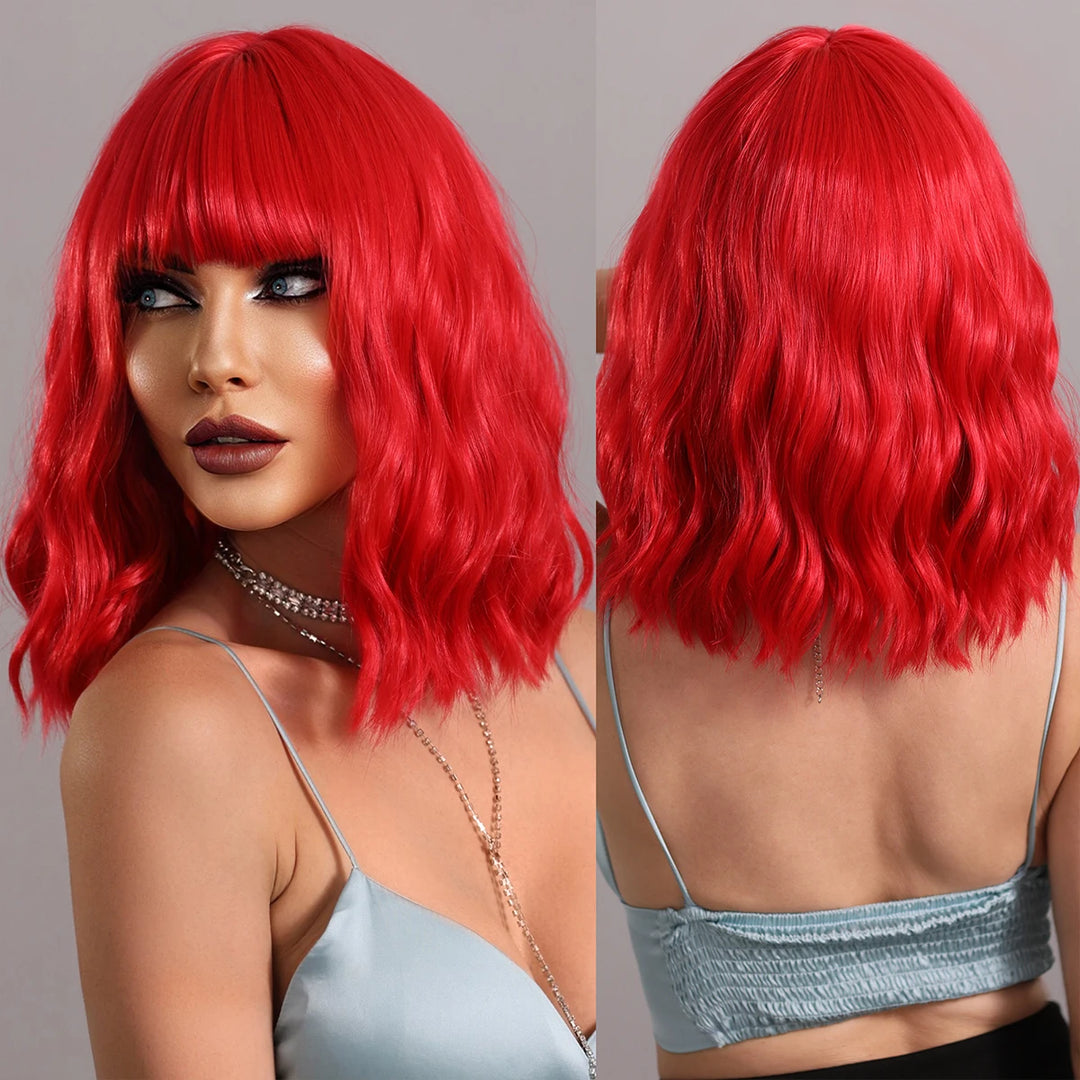 Ginger Orange Wig - Short Curly Wavy Bob Wig for Women with Bangs, Shoulder Length Synthetic Colored Halloween Cosplay Copper Hair.