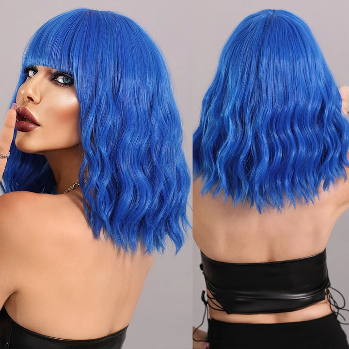 Blue curly bob wig with bangs for women, perfect for Halloween or cosplay parties.