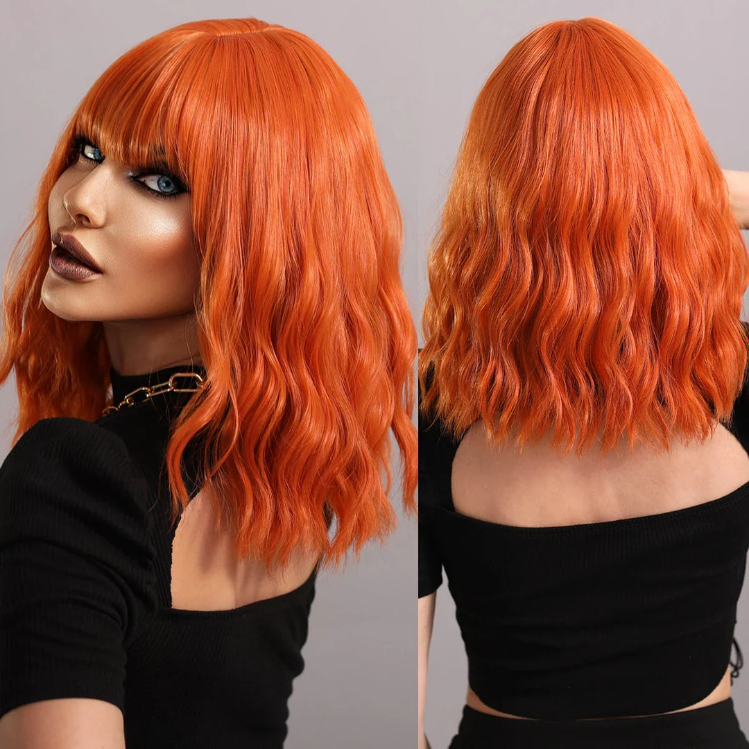 Burgundy short curly bob wig with bangs for women, perfect for Halloween cosplay parties.