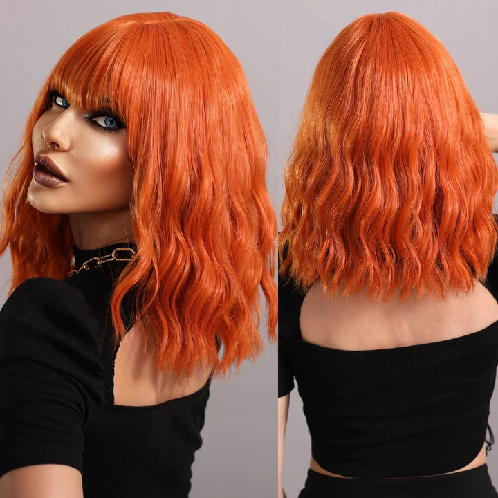 Burgundy short curly bob wig with bangs for women, perfect for Halloween cosplay parties.