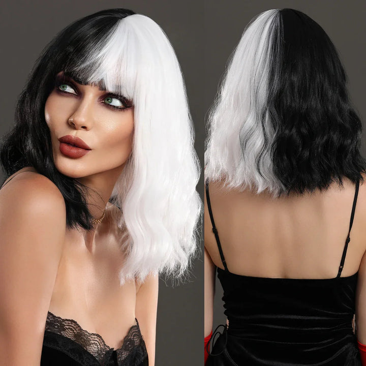 Black and white Cruella Deville wig for women's costume. Short curly wavy synthetic wig for parties and cosplay.