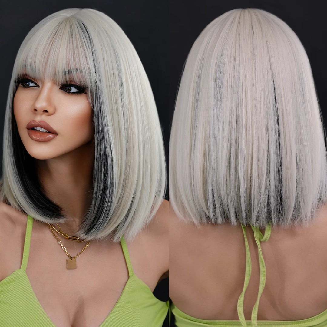 Black Bob Wigs with Bangs, Synthetic Straight Bob Wigs for Women, Heat Resistant 12 in Hair