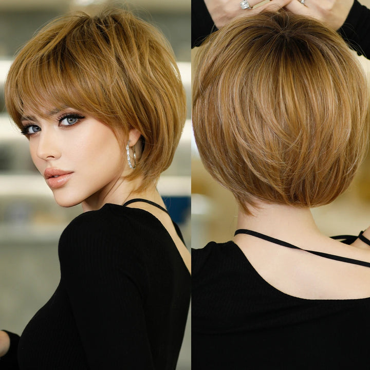 Ombre red pixie cut wig with bangs, cute and natural-looking. Short black and burgundy layered wavy style for women.
