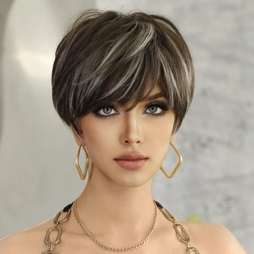 10 Inch Short Pixie Cut Hair Wigs for Women in Platinum Blonde. Layered Synthetic Ombre White Hair Wig for White Women.
