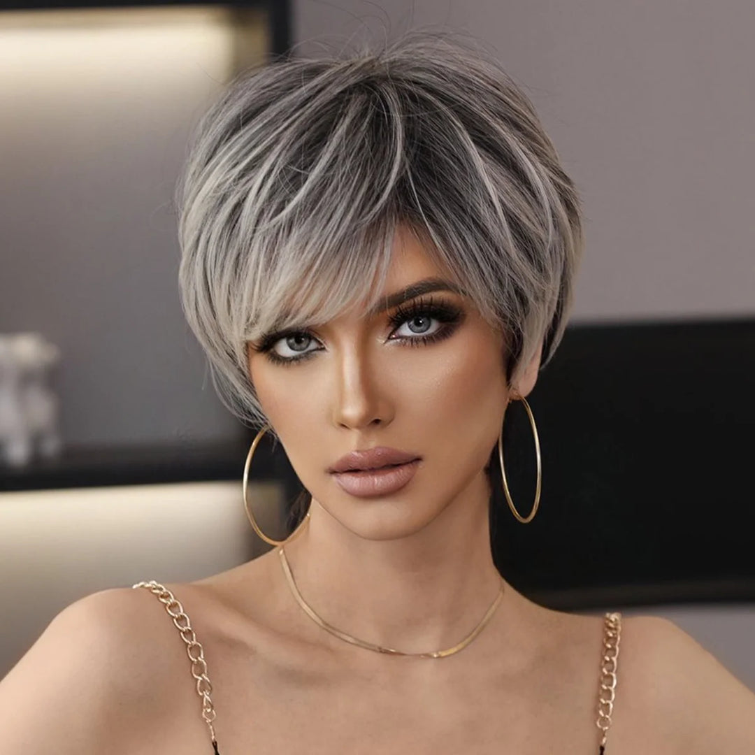 Ombre red pixie cut wig with bangs, cute and natural-looking. Short black and burgundy layered wavy style for women.