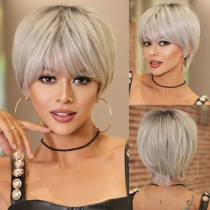 10 Inch Short Pixie Cut Hair Wigs for Women in Platinum Blonde. Layered Synthetic Ombre White Hair Wig for White Women.