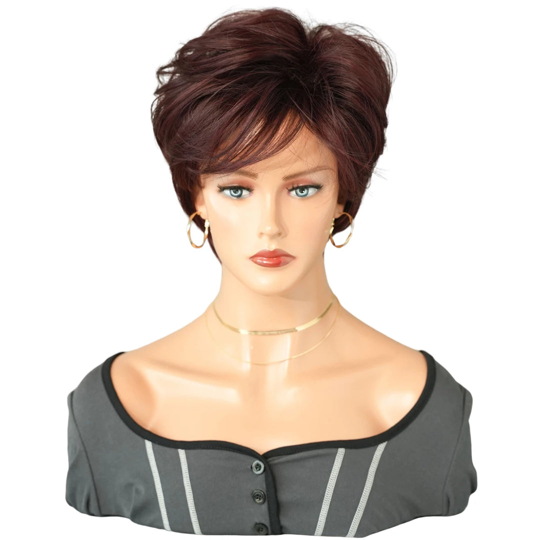 Ombre red pixie cut wig with bangs, cute and natural-looking. Short black and burgundy layered wavy style for women.