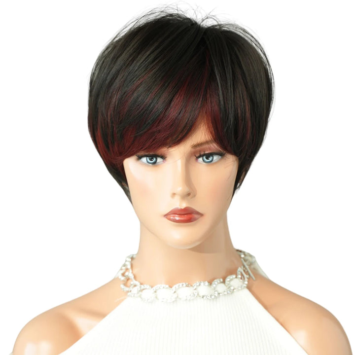 Ombre red pixie cut wig with bangs, cute and natural-looking. Short black and burgundy layered wavy style for women.