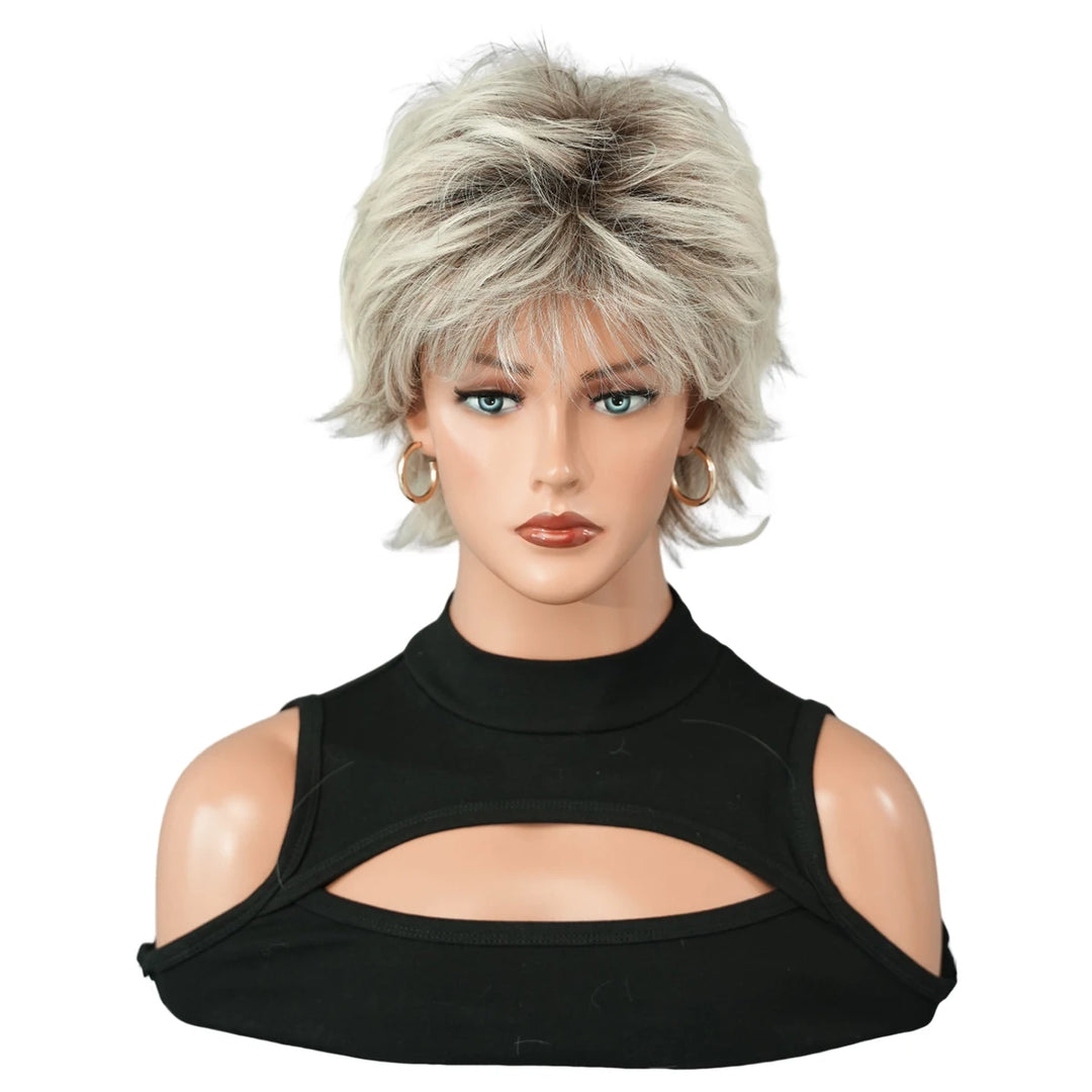 Ombre red pixie cut wig with bangs, cute and natural-looking. Short black and burgundy layered wavy style for women.