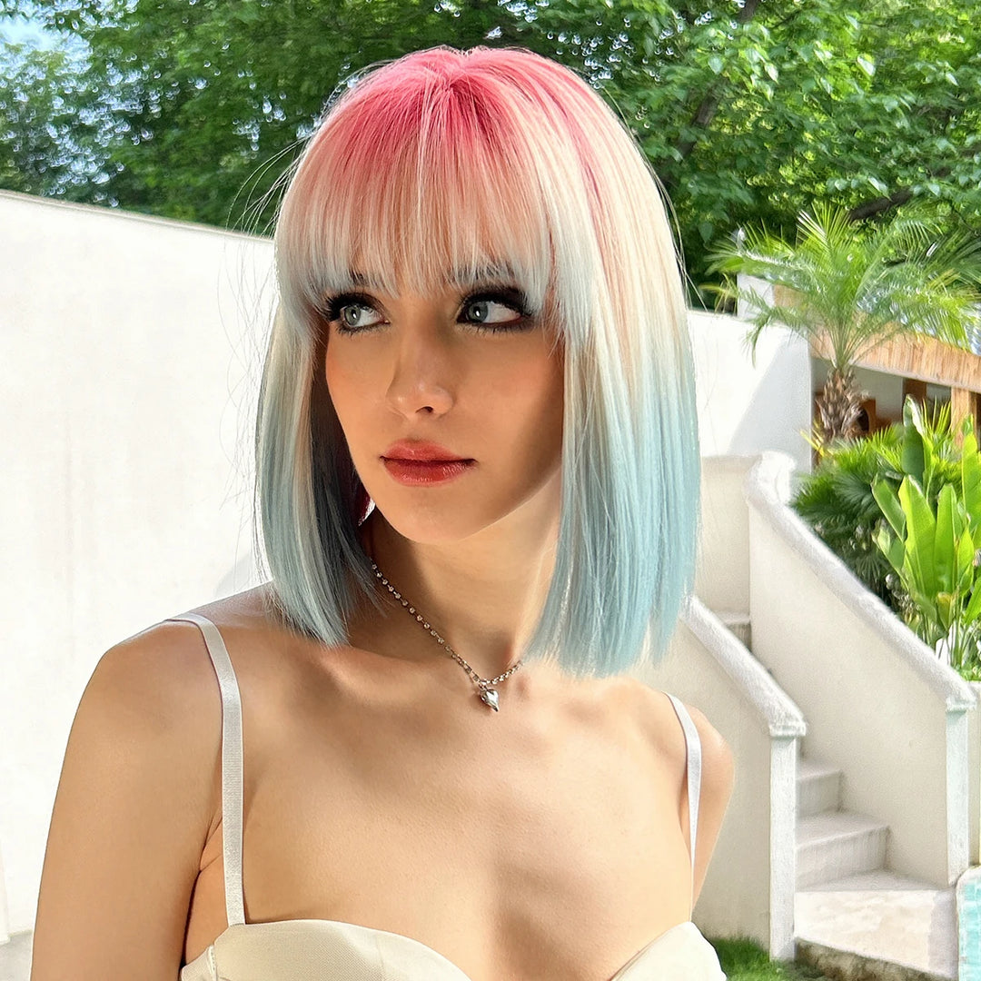 Ombre colored bob wig with bangs, perfect for cosplay or everyday wear.