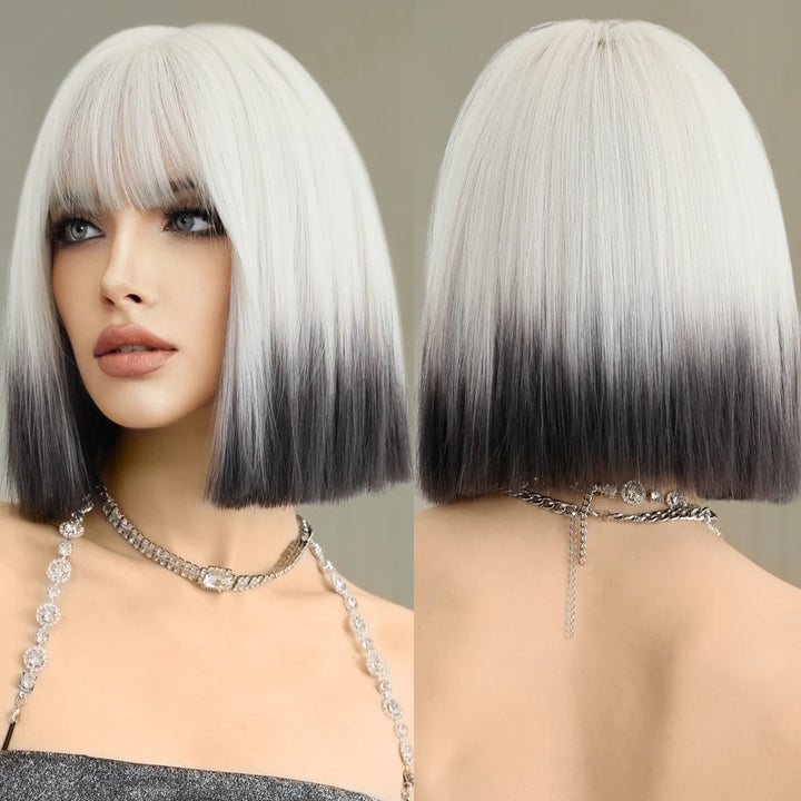 Ombre colored bob wig with bangs, perfect for cosplay or everyday wear.