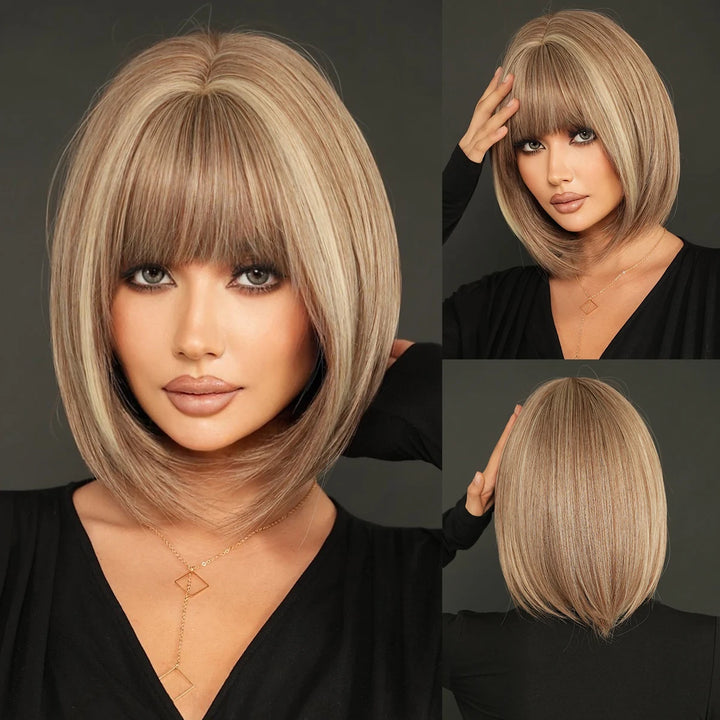 Black Bob Wigs with Bangs, Synthetic Straight Bob Wigs for Women, Heat Resistant 12 in Hair