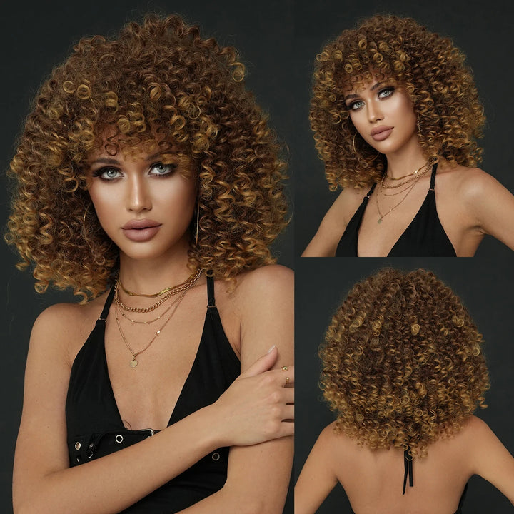 18" Curly Afro Wig with Bangs for Black Women. Kinky curly synthetic wig in ombre brown blonde.