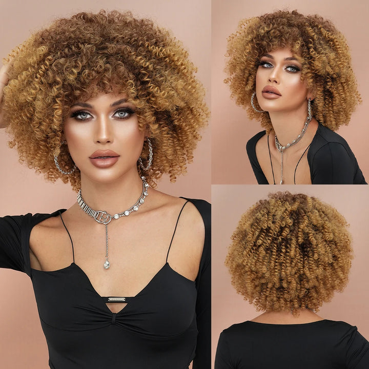 16" Curly Afro Wig with Bangs for Black Women. Kinky curly synthetic wig in ombre brown blonde.