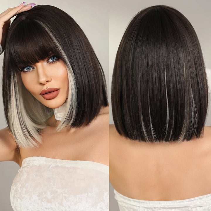 Black Bob Wigs with Bangs, Synthetic Straight Bob Wigs for Women, Heat Resistant 12 in Hair