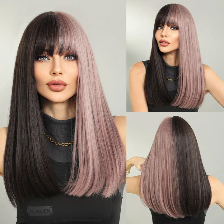Turquoise Ombre Synthetic Wig with Bangs - Heat Resistant, Bluish Green with Black Roots for a Natural Look.