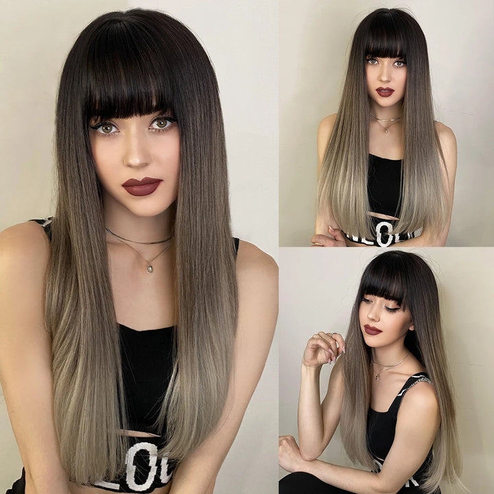 Turquoise Ombre Synthetic Wig with Bangs - Heat Resistant, Bluish Green with Black Roots for a Natural Look.