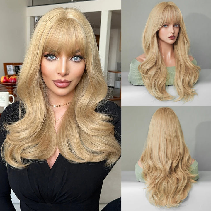 26 Inch Long Blond Curly Hair Wig with Bangs Synthetic Matte Hair Wig for Women.