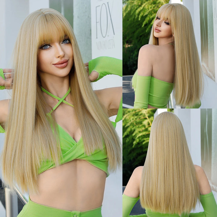 Turquoise Ombre Synthetic Wig with Bangs - Heat Resistant, Bluish Green with Black Roots for a Natural Look.