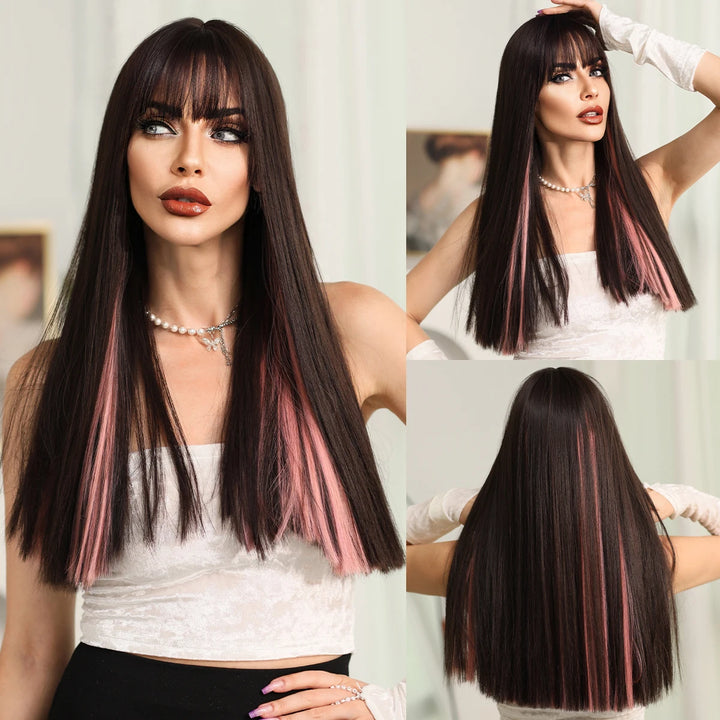 Turquoise Ombre Synthetic Wig with Bangs - Heat Resistant, Bluish Green with Black Roots for a Natural Look.