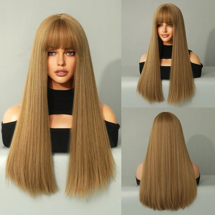 Turquoise Ombre Synthetic Wig with Bangs - Heat Resistant, Bluish Green with Black Roots for a Natural Look.