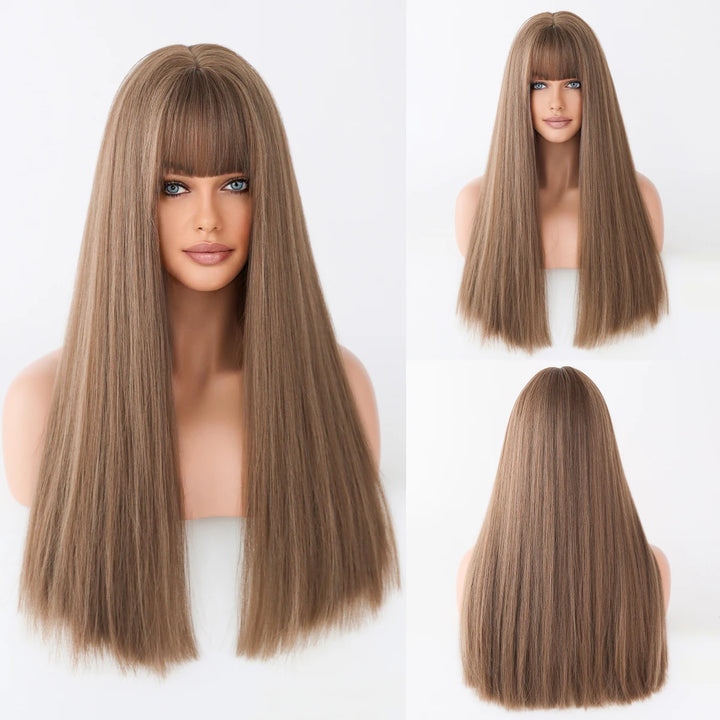 Turquoise Ombre Synthetic Wig with Bangs - Heat Resistant, Bluish Green with Black Roots for a Natural Look.