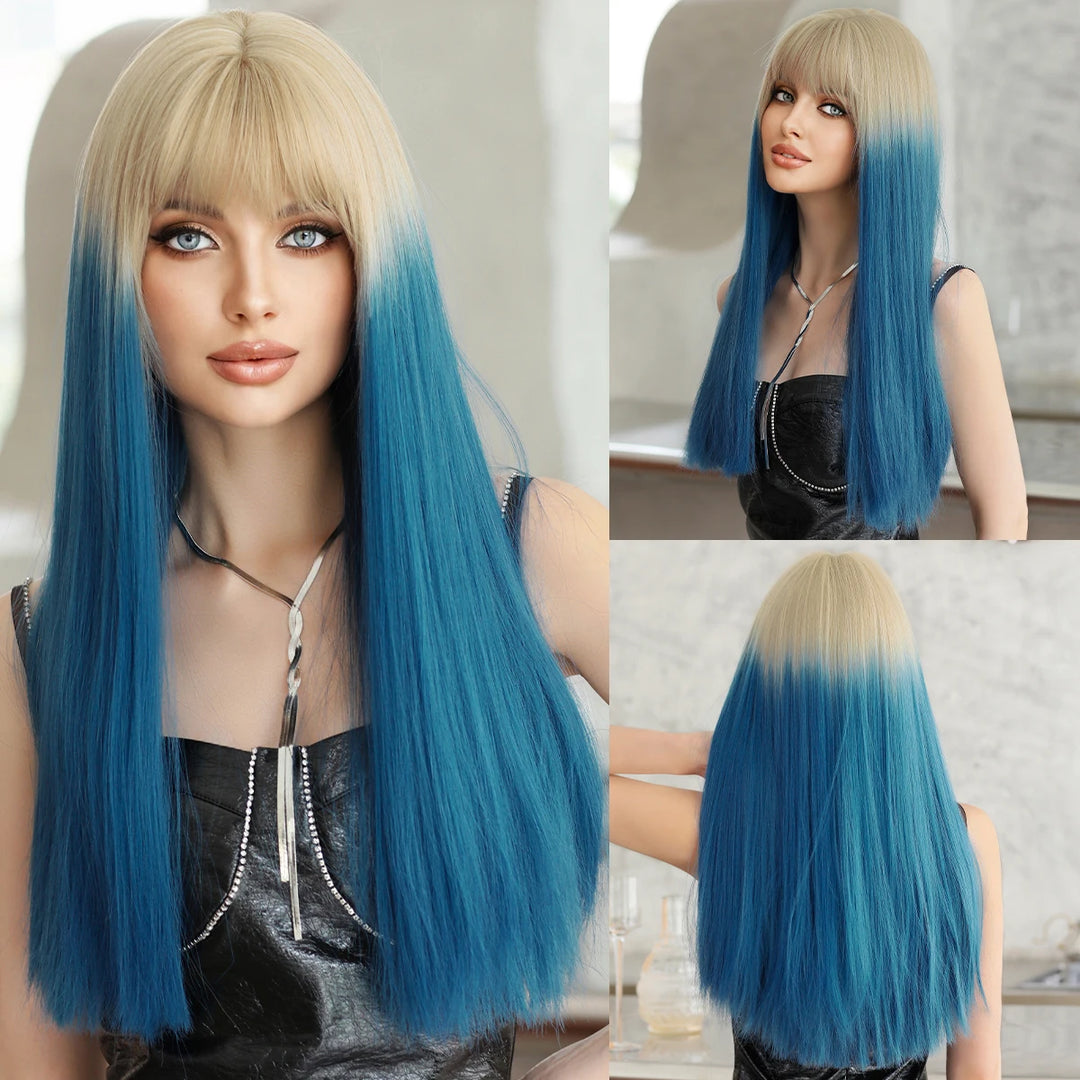 Turquoise Ombre Synthetic Wig with Bangs - Heat Resistant, Bluish Green with Black Roots for a Natural Look.