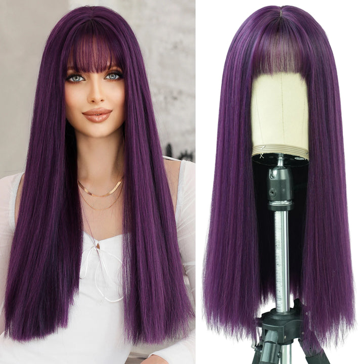 28 Inch Honey Blond Wig with Bangs, Long Straight Synthetic Wig for Women. Natural looking and suitable for daily use.
